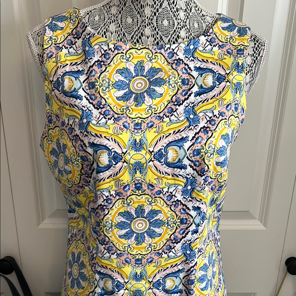 Chetta B Yellow and Blue Sheath Midi Dress